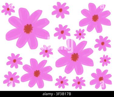 Eine lockere Streuanordnung von rosa Gänseblümchen-ähnlichen Blüten in verschiedenen Größen, digitale Illustration. Stockfoto