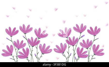 Eine digitale Illustration von rosa und lila Blumen mit geschichteten Blütenblättern, die entlang des unteren Randes angeordnet sind und auf grünen Stängeln mit knospenden Akzenten wachsen. Stockfoto