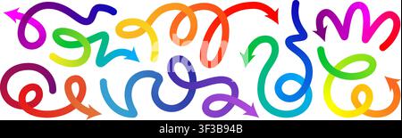 Gradientlinien-Pfeil-Vektorset. Gebogene Form Doodle-Symbol-Element, Abstufung verschnörkelter Pinselhintergrund. Auf- und Abwärtsrichtung Kritzelschlag Karnevalsmuster. Stock Vektor