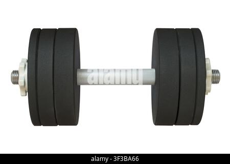 Eine schwere Eisen-Hantel isoliert auf weißem Hintergrund. Zusammenklappbare Hantel für das Sporttraining. Stockfoto