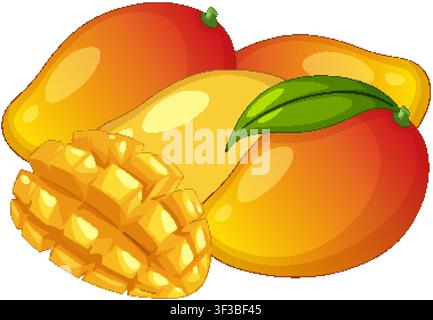 Flache Vektorillustration von ganzen und gewürfelten Mangos, isoliert auf einem schlichten weißen Hintergrund. Stock Vektor