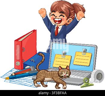 Fröhlicher Student in Uniform jubelt hinter Laptop, Katze und Schreibwaren auf weißem Hintergrundillustration Stock Vektor