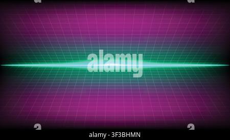 Retro-80er-futuristischer Hintergrund mit einer lila Gitterperspektive und einer leuchtenden neon-cyanfarbenen Horizontallaserlinie Stock Vektor