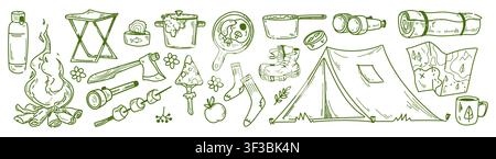 Mountain-Camp-Skizzen-Set isoliert auf Hintergrund. Vektorillustration von Zelt, Lagerfeuer, Fernglas, Kompass, Karte, Taschenlampe und Camping-Essen-Skizze, Outdoor-Waldabenteuer-Symbole, Reiseplakat-Elemente Stock Vektor