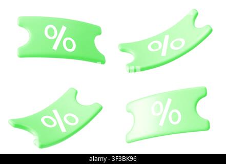 3D-Rabattgutscheine mit glänzender Plastiktextur, die in der Luft schweben, Vektor-Render-Ikonen auf weißem Hintergrund. Promotion-Ticket, Geschenkgutscheine mit Prozentzeichen für Frühlingsverkäufe oder Feiertags-Einkaufsevent Stock Vektor