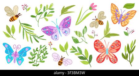 Buntstift-Malkunst Biene, Schmetterlinge mit farbigen Flügeln, Blumen mit Kreide-Textur, niedliche Vektor-Illustrationen im Handgezeichneten-Stil auf Hintergrund, Stifte Kinderkunst, pla Stock Vektor