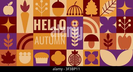 Modernes horizontales Herbst-Banner mit geometrischem Rasterlayout, stilisierten Blättern, Gemüse, Kuchen, Pilzen und saisonaler Typografie. Perfekt für Website h Stock Vektor