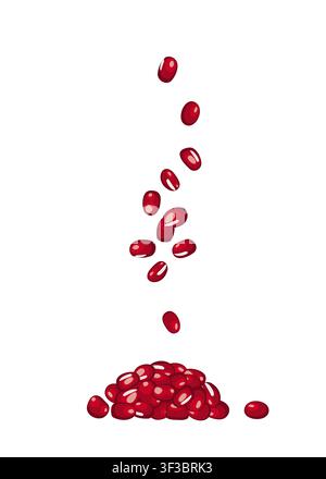 Rote Adzuki-Bohnen, fallender roher Adzuki-Bohnen-Haufen, Vigna angularis Hülsenfrüchte-Samen, fliegende kleine trockene Adzuki, rote Mungobohnen-Körner, japanische Dessert-Zutaten Stock Vektor