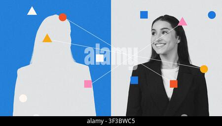 Lächelnde junge Frau in Geschäftskleidung, steht selbstbewusst im Büro, Geschäftskonzept Stockfoto
