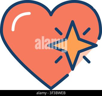 Flache Umrissikone eines Herzens mit einem funkelnden Stern. Abstraktes Symbol für Favorit, Top-Bewertung, Wunschliste und besonderes Liebeskonzept. Stock Vektor