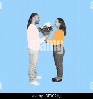 Glücklicher kaukasischer Mann gibt einer lächelnden Frau Blumen, feiert das Konzept der Liebe Stockfoto