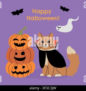 Halloween-Illustration einer süßen roten Katze, die als Vampir verkleidet ist und neben gestapelten lächelnden Kürbislaternen mit fliegenden Fledermäusen, einem Geist und Happy sitzt Stock Vektor