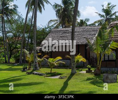 Ein strohgedecktes Ferienhaus mit Kokospalmen in einem Strandresort-Hof im Süden von Yogyakarta, Indonesien, an einem Nachmittag. Stockfoto