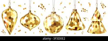 Vektor-Gold-Weihnachtskugeln-Set. 3D-realistische Illustration von hängenden glitzernden goldenen Kugeln mit festlicher Mosaiktextur, Schlangenkonfetti isola Stock Vektor