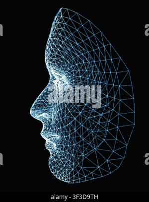 Künstliche Intelligenz Drahtgitter-Gesichtsprofil auf schwarzem Hintergrund Stockfoto