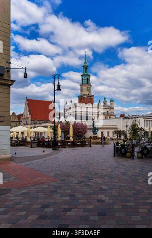 Historische Stadthäuser und das Rathaus auf dem Alten Marktplatz in Poznań, Polen. Stockfoto