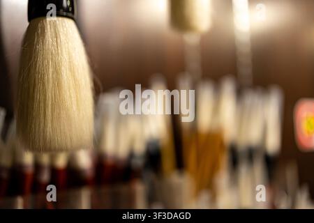 Nahaufnahme von traditionellen chinesischen Kalligrafie-Borsten in einem Kunststudio Stockfoto