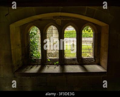 Gotisches gewölbtes Steinfenster mit Eisenstäben, das über eine historische Friedhofsanlage durch Grünzeug auf Christ Church East Kennet blickt Stockfoto