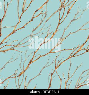 Nahtloser Hintergrund mit handgezeichneten Aquarellbaumzweigen. Kunstvolles botanisches Muster mit blattlosen Zweigen. Dekoratives Herbsttextildesign oder Stockfoto