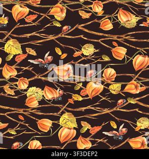 Nahtloses Muster mit handgezeichnetem Aquarellzweig von Physalis, Zweig und Marienkäfer. Herbstbotanische Illustration für Verpackungspapier, Textildesign und Stockfoto