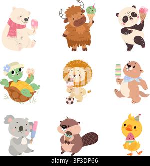 Tiere mit Eiscreme. Lustiger Eisbär, Schildkröte, Koala, Löwe und Ente, die süße cremige Desserts und Eis am Stiel halten. Kinder-Tiermaskottchen, heutzutage Stock Vektor