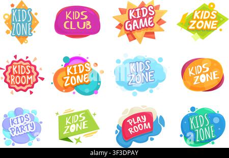 Spielzimmer-Abzeichen. Bunte Aufkleber für die Kinderzone, isolierter Kinderbereich, dekorative Logos. Kinderclub, Raum, Party-Abzeichen-Design. Lustiges, schmackhaftes Vektordesign Stock Vektor