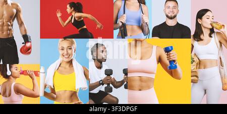 Verschiedene Gruppe von jungen Athleten, die an Fitnessaktivitäten teilnehmen, Fitnessstudio-Hintergrund, Gesundheitskonzept Stockfoto