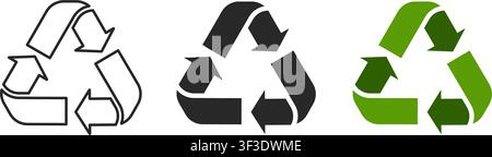 Ein Satz von drei Recycling-Pfeil-Icons mit einem dünnen Umriss, einer soliden schwarzen Füllung und einer lebhaften grünen Füllung auf einem schlichten weißen Hintergrund. Stock Vektor