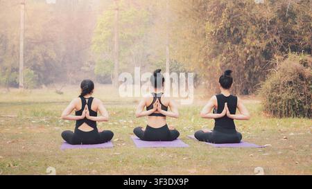 Gruppe asiatischer Frauen, die Yoga in der umgekehrten Gebetshaltung praktizieren, Rücken und Schultern auf der Matte im Außenpark dehnen. Konzept für einen gesunden Lebensstil. Stockfoto