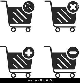 Ein Satz von vier schwarzen Einkaufswagen-Symbolen mit Such-, Entfern-, Hinzufügung- und Subtraktionssymbolen für E-Commerce-Schnittstellendesign und Online-Einzelhandels-Apps. Stock Vektor