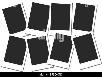 Eine Sammlung von acht leeren Sofortbildrahmen, die in einem unordentlichen Stapel angeordnet sind. Diese dunklen Platzhalter haben weiße Ränder und realistische Tropfenschatten. Stock Vektor