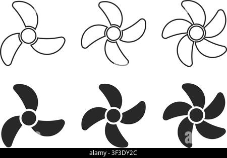 Ein Satz einfacher Linien- und voller Silhouetten-Icons, die mehrflügelige Propeller und Lüfterkomponenten für mechanisches, maritimes oder industrielles Design darstellen. Stock Vektor