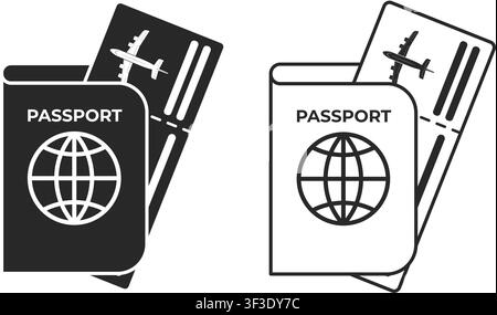 Satz von schwarz-weißen Reise-Symbolen mit einem Reisepass und einem Bordpass mit einem Flugzeug- und Globussymbol. Stock Vektor