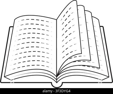 Eine saubere minimalistische Schwarz-Weiß-Linienzeichnung eines offenen Notizbuchs mit gestrichelten Seiten und einem leichten Seitenumblatteffekt. Stock Vektor
