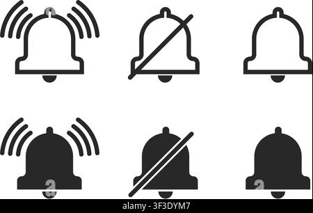 Eine Sammlung von Benachrichtigungs-Glocken-Icons mit aktiven Klingel-, Stummschalte- und Bereitschaftszuständen in sowohl Umriss- als auch massiven schwarzen Stilen. Stock Vektor