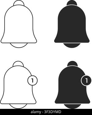 Minimalistische Glockensymbole in Umriss- und Vollstil mit Benachrichtigungs-Alert-Badges mit der Zahl eins für die Benutzeroberfläche und Anwendungsdesign. Stock Vektor