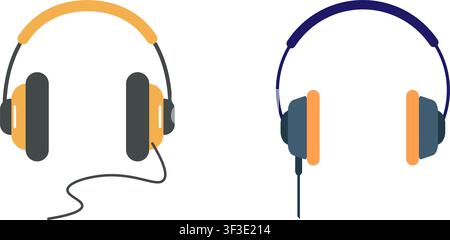 Eine minimalistische Flachillustration mit zwei Paaren über-ear-kabelgebundenen Kopfhörern im Vintage-Stil in den Farben Gelb und Dunkelblau. Stock Vektor