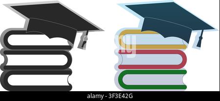 Eine Illustration mit einem Abschlussstutz, der auf einem Stapel von Büchern platziert ist und Bildung, Wissen und akademische Leistung symbolisiert. Stock Vektor