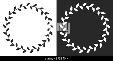 Minimalistische schwarz-weiße Lorbeerkranz-Illustration mit einem eleganten kreisförmigen Astmuster und zarten Blättern, perfekt für elegante Designs. Stock Vektor