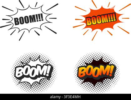 Eine Sammlung von Soundeffekten im Comic-Stil mit explosiven Sprechblasen, dynamischem Text, Action-Ausbrüchen und Halbtone-Punktmustern. Stock Vektor