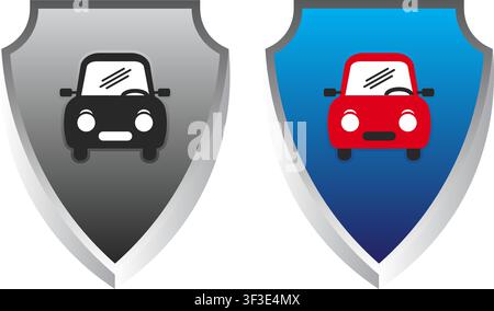 Zwei Schild-Ikonen mit Autografiken, die Fahrzeugschutz- und Versicherungskonzepte darstellen, eine in Graustufen und eine in Blau und Rot. Stock Vektor
