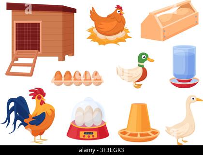 Elemente der Geflügelzucht. Henne, Hahn, Gans und Ente. Cartoon-Vogeltränke, Sitzstange, Brutkasten für Eier und Küken. Isolierte Landwirtschaftswerkzeuge Stock Vektor