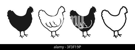 Hühner-Linien-Icon-Set. Lineares Hahn-Huhn-Bauernhof-Tiere mit Feder im Doodle-Linien-Rustikal-Stil. Handgezeichneter Vogelcharakter für Etikett, Banner und Druck-Vektor-Outline-Design Stock Vektor