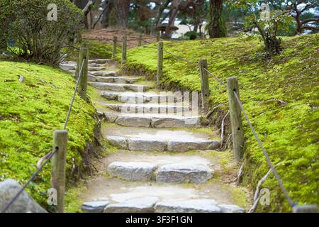 Ein ruhiger Steinweg windet sich durch einen üppigen japanischen Garten, der moosbedeckte Ufer und rustikale Holzpfosten umfasst, die durch Seilgeländer verbunden sind. Der Stockfoto