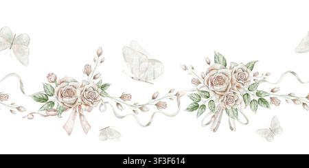 Aquarell nahtlose Bordüre mit weißen Schmetterlingen und pastellrosa Rosen. Illustration eines Vintage-Blumenmusters für Hochzeitsbriefe, Einladungen Stockfoto