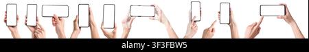 Menschen, die Smartphones mit leeren Bildschirmen auf weißem Hintergrund halten, Set Stockfoto