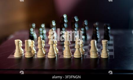 Reihen von weißen Schachfiguren im Vordergrund, die schwarzen Figuren im Hintergrund gegenüberstehen, eine dramatische konzeptionelle Szene, in der Weiß für Gut und Schwarz Stockfoto