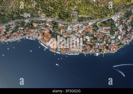 Eine senkrechte Drohnenaufnahme zeigt die Küstenstadt Perast in der Bucht von Kotor, Montenegro, mit rot gedeckten Dächern, engen Straßen und Booten a Stockfoto