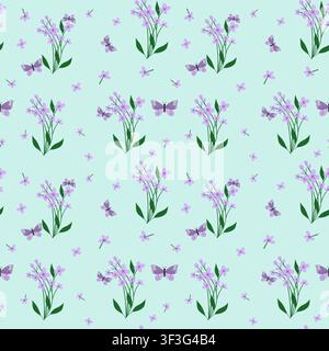 Bezauberndes lila florales Nahtloses Muster mit Frühlingsblumen und Schmetterlingen auf hellem Hintergrund. Stockfoto
