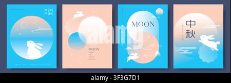 Satz von Mid-Autumn-Festival-Postern, Bannern, Coverdesigns, Vektorillustration mit Hase und Mond. Chinesische Übersetzung: Mid Autumn Festival Stock Vektor